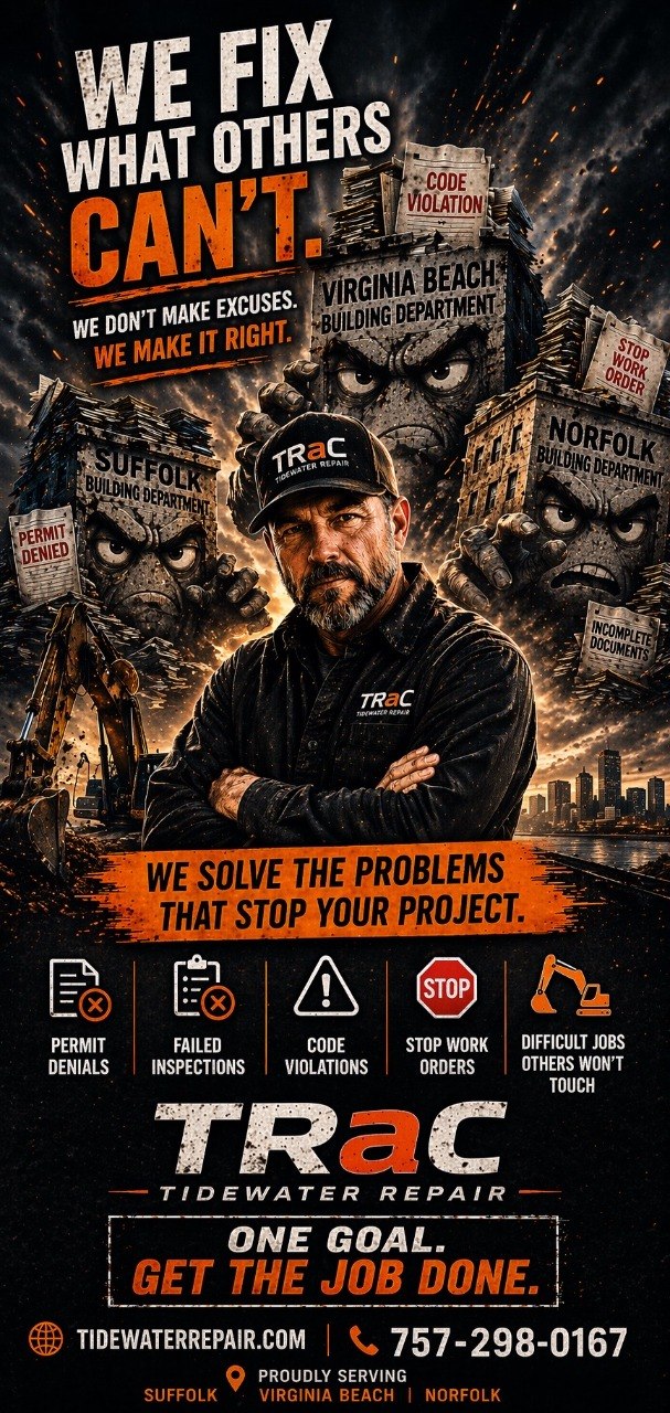 TRaC Tidewater Repair — We fix what others can't. Permit denials, failed inspections, code violations, stop work orders, difficult jobs. Serving Suffolk, Virginia Beach, Norfolk. 757-298-0167.